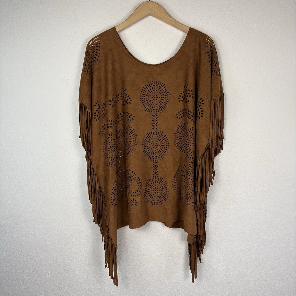 Step In Style OS Faux Suede Poncho Topper Shawl Fringe Brown Western Festival